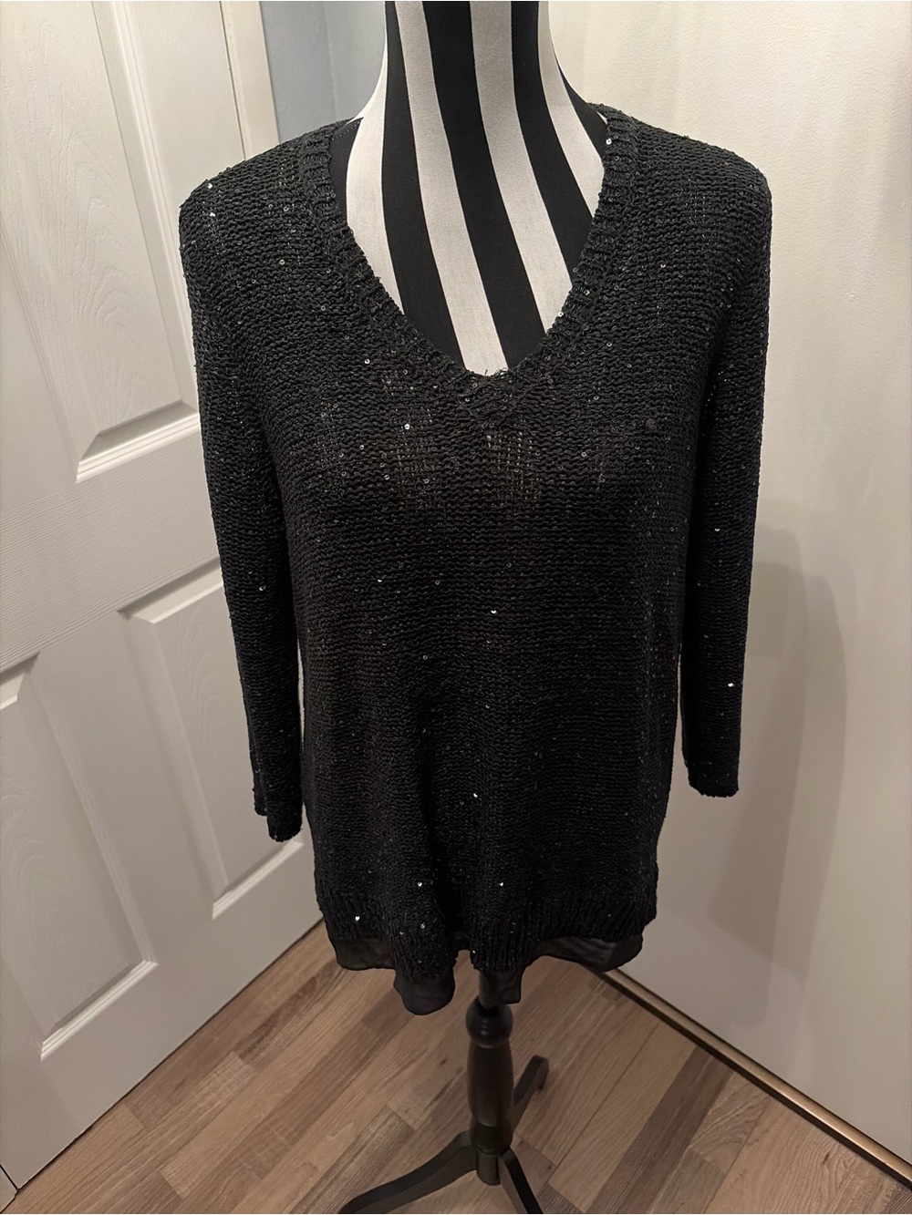 LOFT Black Sequin V-Neck Sweater Top